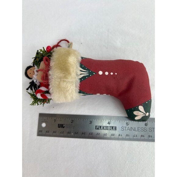 VTG Hand Painted Primitive Style Christmas Stocking Ornament With Doll & Greener - Picture 3 of 4